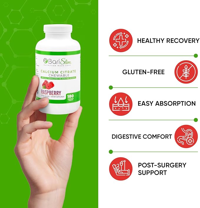 BariSlim Bariatric Calcium Citrate with Magnesium & Vitamin D Tabs - 500mg Calcium Citrate - Formulated for Post Weight Loss Surgery - Supports Bone Health | Raspberry Flavor