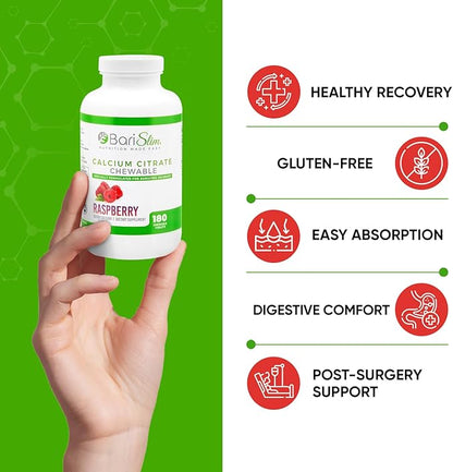 BariSlim Bariatric Calcium Citrate with Magnesium & Vitamin D Tabs - 500mg Calcium Citrate - Formulated for Post Weight Loss Surgery - Supports Bone Health | Raspberry Flavor