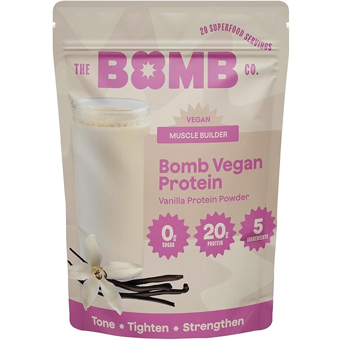 The Bomb Co. Bomb Plant Protein, Protein Powder with 20g Protein, Amino Acids, Zero Sugar, Pea Protein, Chia Seeds, Pumpkin Seeds, Vanilla & Monk Fruit, Gluten Free, Vanilla Flavor, 20 Srvgs