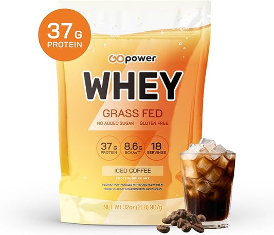 GOPOWER Whey Protein Powder, with BCAAs, Grass Fed Protein Powder, 2 Pound, 18 Servings