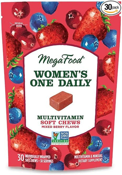 MegaFood Women's One Daily Multivitamin Soft Chews - Multivitamin for Women with Folate, Vitamin B6, Vitamin B12, Biotin, Vitamin D - Delicious Mixed Berry Flavor - Vegetarian, Non-GMO - 30 Chews