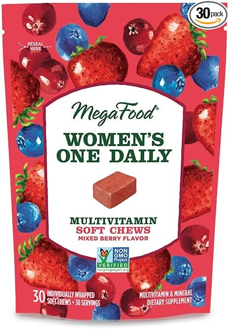 MegaFood Women's One Daily Multivitamin Soft Chews - Multivitamin for Women with Folate, Vitamin B6, Vitamin B12, Biotin, Vitamin D - Delicious Mixed Berry Flavor - Vegetarian, Non-GMO - 30 Chews