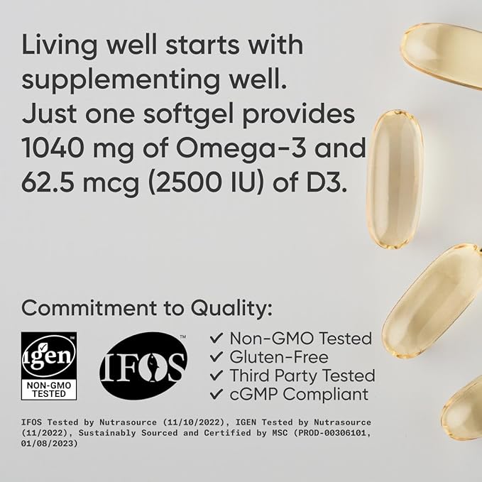 Sports Research Triple Strength 1040mg Omega-3 from Wild Alaska Pollock with Vitamin D3 2500iu | 2-in-1 Vitamin D & Omega DHA Fish Oil Supplement Supporting Heart Health - 120 Softgels