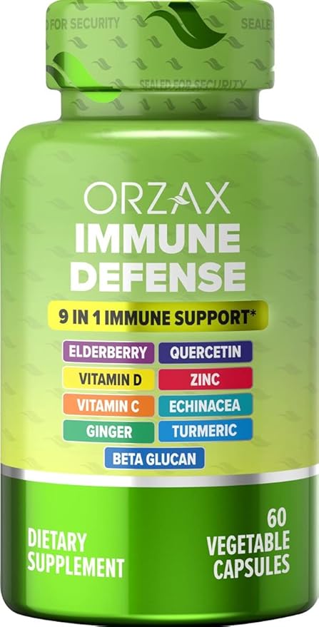 ORZAX 9 in 1 Immune Defense Supplement High Strength Vitamin C & D with Zinc, Quercetin, Turmeric & Ginger, Echinacea Capsules - Herbal Defense for Immune System Support - 60 Veg Capsules