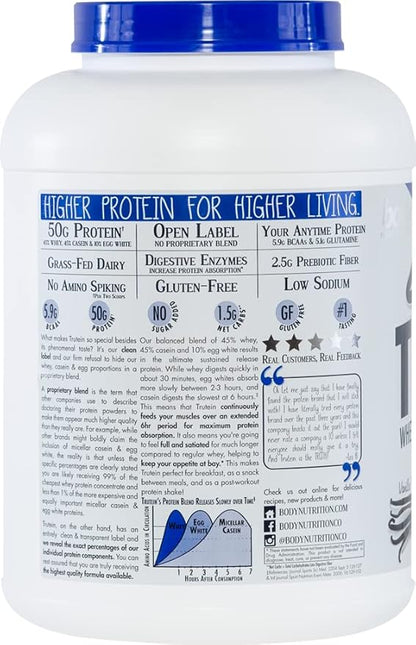 Body Nutrition Trutein High Protein Powder: 45% Whey, 45% Casein, 10% Egg White Protein Shake Mix, Gluten-Free, Low Sodium, Low Carb Protein Supplement Powder for Men & Women, Vanilla Bean, 4lb