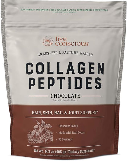 Live Conscious Collagen Peptides Powder - Chocolate Collagen Powder - Hair, Skin, Nail, and Joint Support - Type I & III Grass-Fed Collagen Supplements for Women and Men - 30 Servings - 15oz