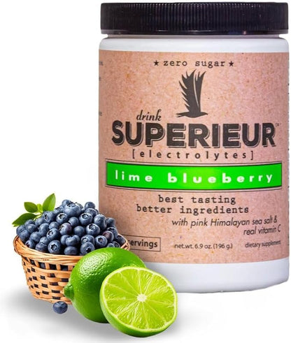 Superieur Electrolytes–Plant Based Electrolyte Supplement w/Sea Minerals for Hydration & Recovery–Keto Friendly, Non-GMO, Zero Sugar, Vegan, Healthy Sports Drink Powder–Lime Blueberry (70 Servings)