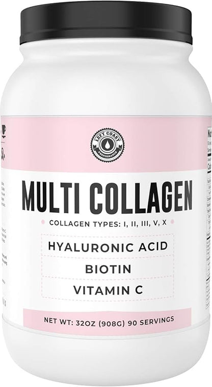 Multi Collagen Powder with Biotin, Hyaluronic Acid, Vitamin C (2lb Value Size) | Hydrolyzed Collagen Supplement (Types I, II, III, V, X). Hair, Skin, Nails for Women, Men