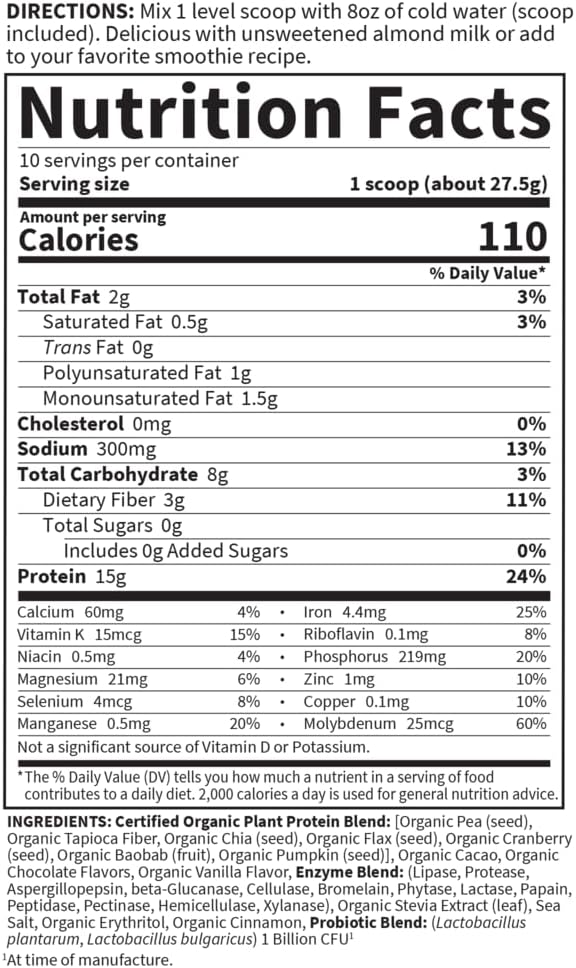 Garden of Life Organic Plant Protein Smooth Chocolate Powder, 10 Servings - Vegan, Grain Free & Gluten Free Plant Based Protein Shake with 1 Billion CFU Probiotics & Enzymes, 15 g Protein, 9.7 Oz