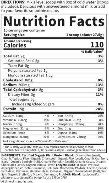 Garden of Life Organic Plant Protein Smooth Chocolate Powder, 10 Servings - Vegan, Grain Free & Gluten Free Plant Based Protein Shake with 1 Billion CFU Probiotics & Enzymes, 15 g Protein, 9.7 Oz