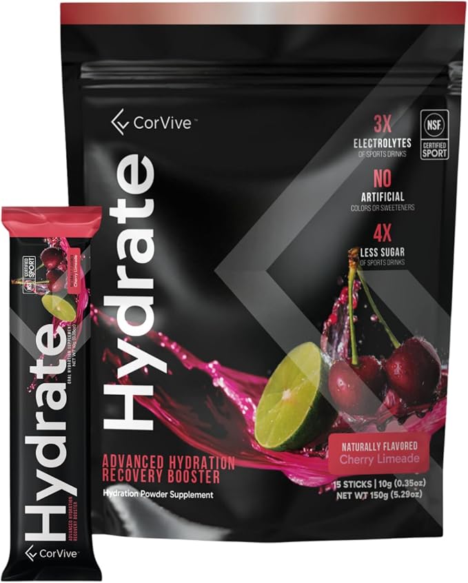 Hydrate Electrolyte Drink Mix | Cherry Limeade Flavor | NSF Certified | Electrolytes, Vitamin C, Magnesium, Zinc, Potassium | Used by Athletes & US Military | Boost Performance | 15 Packs