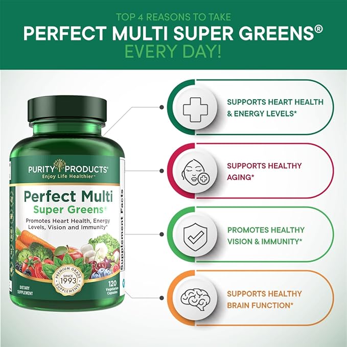 Purity Products Perfect Multi Super Greens Dietary Supplement Health Nutrition, 120 count