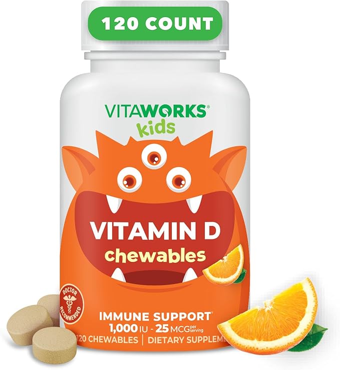 Kids Vitamin D 1000 IU Chewable Tablets - Tasty Natural Orange Flavor - Vegan, GMO-Free, Gluten Free, Nut Free Vitamins - Dietary Supplement for Immune Support - for Children - 120 Chewables