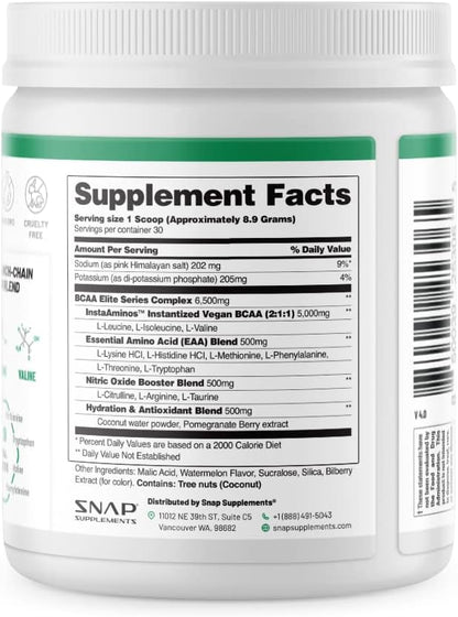 Snap BCAA Powder Essential Amino Energy Supplement with Nitric Oxide Booster - Watermelon Flavor - Pre Workout Powder, Recovery Supplements Post Workout, Muscle Strength & Performance (30 Servings)