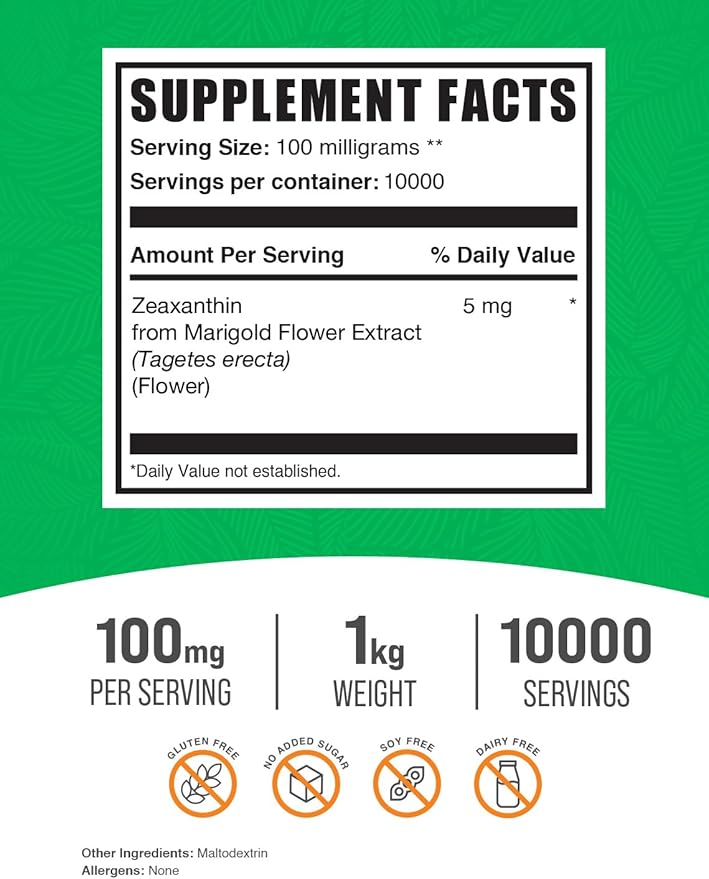 BulkSupplements.com Zeaxanthin Powder - Zeaxanthin Supplements, from Marigold Flower Extract - Gluten Free, 100mg (Zeaxanthin 5mg) per Serving, 1kg (2.2 lbs) (Pack of 1)