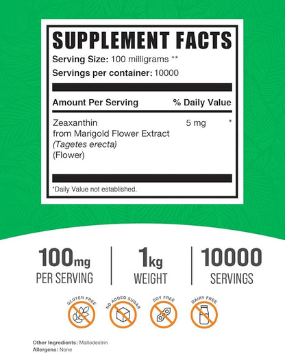 BulkSupplements.com Zeaxanthin Powder - Zeaxanthin Supplements, from Marigold Flower Extract - Gluten Free, 100mg (Zeaxanthin 5mg) per Serving, 1kg (2.2 lbs) (Pack of 1)