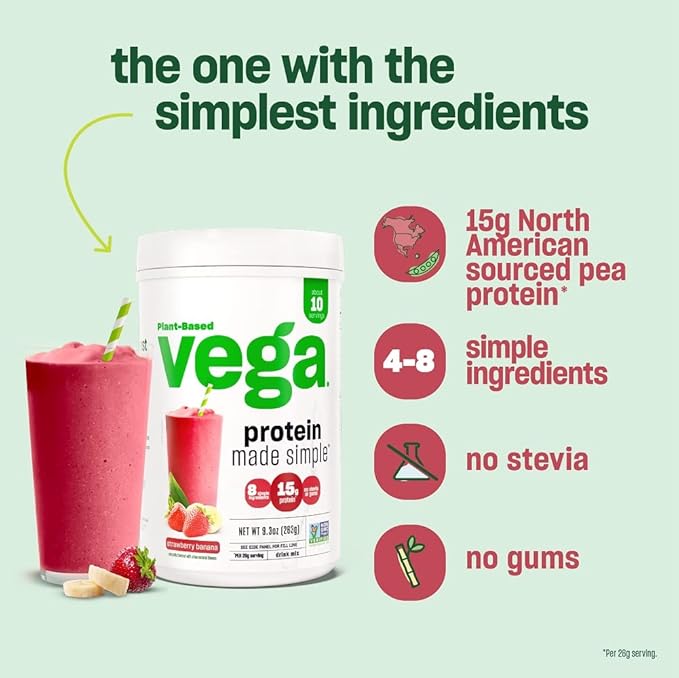Vega Protein Made Simple Protein Powder, Vanilla - Stevia Free, Vegan, Plant Based, Healthy, Gluten Free, Pea Protein for Women and Men, 9.2 oz (Packaging May Vary) (Pack of 2)
