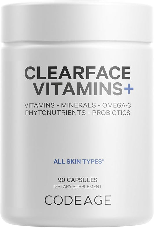 Codeage Clearface Pantothenic Acid, Niacin Supplement, Vitamins A, C, D3, E, Probiotics, Zinc, Riboflavin, Thiamin, L-Lysine HCL & Omega-3, Niacinamide, Skin Botanical Blend - Non-GMO - 90 Capsules