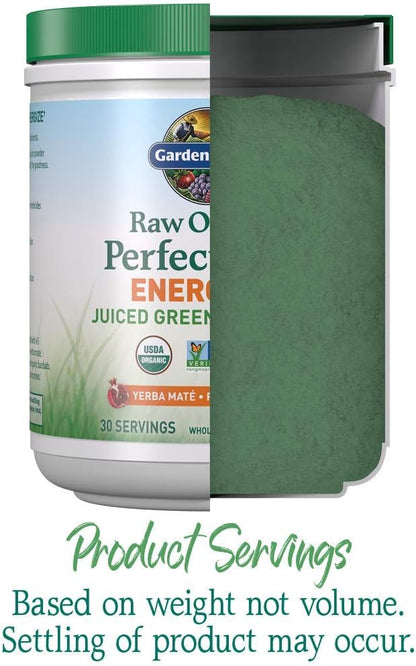 Garden of Life Raw Organic Perfect Food Energizer Juiced Green Superfood Powder - Yerba Mate Pomegranate, & Probiotics, Gluten Free Whole Food Greens Supplements, 30 Servings, 9.73 Oz