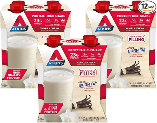 Atkins Vanilla Cream Meal Size Protein Shake, 23g Protein, Low Glycemic, 3g Carb, 1g Sugar, Keto Friendly