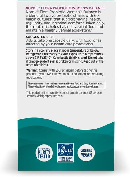 Nordic Naturals Nordic Flora Probiotic Women's Balance - 30 Capsules - 12 Probiotic Strains with 60 Billion Cultures - Intestinal Support, Vaginal Health - Vegan - 30 Servings