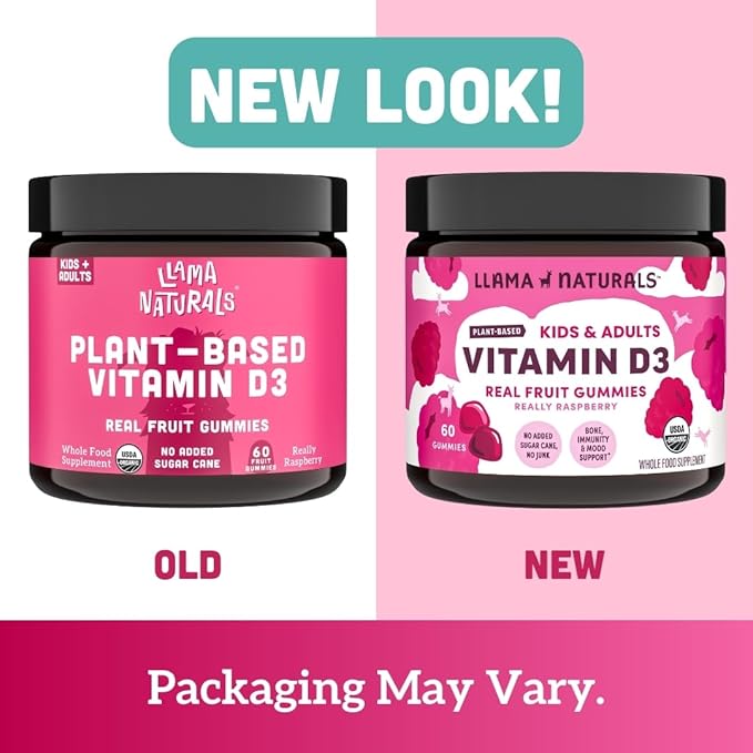 Llama Naturals Vitamin D3 Gummies for Kids & Adults, Real Fruit Gummy Vitamins for Immune Support, Healthy Bones & Overall Health, Organic, Vegan, No Sugar Added, Raspberry, 60 Ct (30-60 Day Supply)