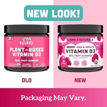 Llama Naturals Vitamin D3 Gummies for Kids & Adults, Real Fruit Gummy Vitamins for Immune Support, Healthy Bones & Overall Health, Organic, Vegan, No Sugar Added, Raspberry, 60 Ct (30-60 Day Supply)