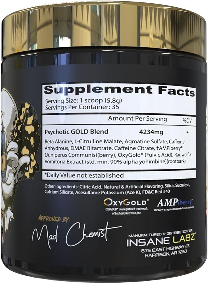 Insane Labz Psychotic Gold and Insane Veinz Gold Pre Workout Nitric Oxide Booster Stack, Increase Muscle Mass, Vascularity, Strength, Energy, Focus, Gummy Candy