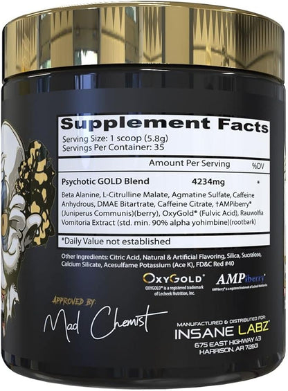 Insane Labz Psychotic Gold and Insane Veinz Gold Pre Workout Nitric Oxide Booster Stack, Increase Muscle Mass, Vascularity, Strength, Energy, Focus, Gummy Candy and Fruit Punch.