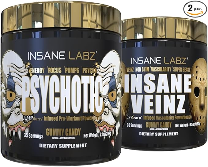 Insane Labz Psychotic Gold and Insane Veinz Gold Pre Workout Nitric Oxide Booster Stack, Increase Muscle Mass, Vascularity, Strength, Energy, Focus, Gummy Candy