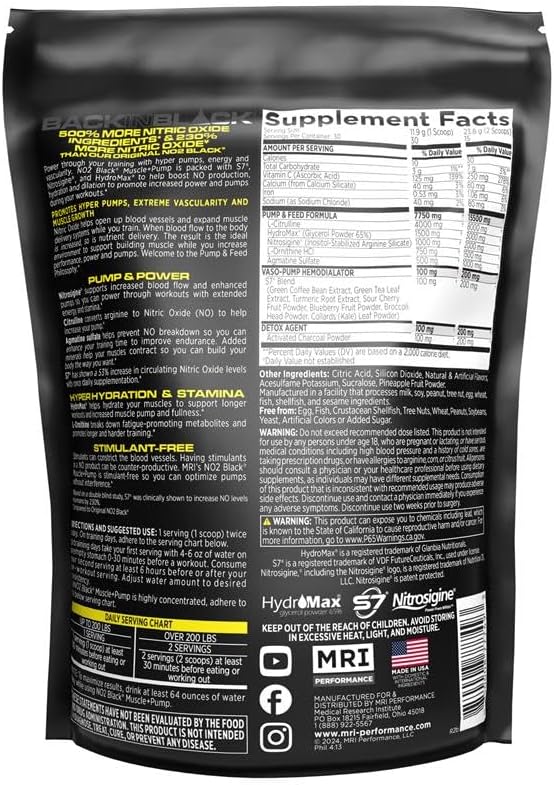 MRI NO2 Black Nitric Oxide Supplement for Pump, Muscle Growth, Vascularity & Energy - Powerful NO Booster Pre-Workout with Citrulline + 30 Servings (Jacked Juice)