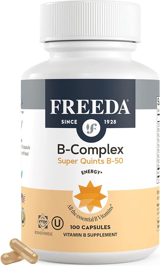 FREEDA Vitamin B Complex - Kosher Super B Complex Vitamin Supplement for Women & Men with Biotin, Vitamin B12, B1, B2, B3, B6, Folic Acid - Energy Metabolism Booster - Super Quints B-50, 100 Capsules