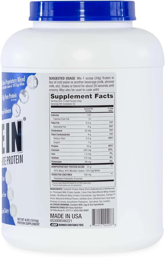 Body Nutrition Trutein High Protein Powder: 45% Whey, 45% Casein, 10% Egg White Protein Shake Mix, Gluten-Free, Low Sodium, Low Carb Protein Supplement Powder for Men & Women, Vanilla Bean, 4lb