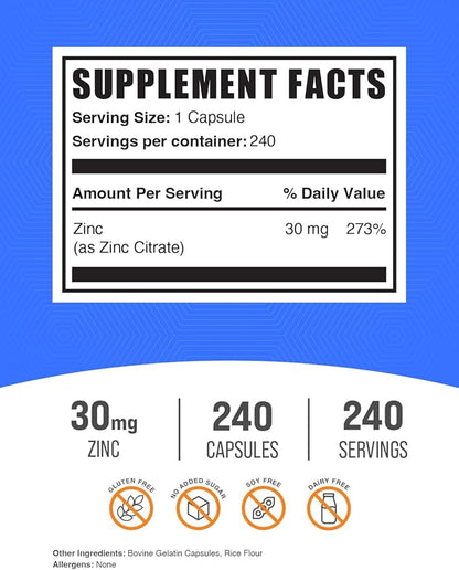 BulkSupplements.com Zinc Citrate Capsules - Zinc Supplements, Zinc 30mg, Zinc Capsules - Immune Support Supplement, Gluten Free, 1 Capsule per Serving, 240 Capsules (Pack of 1)