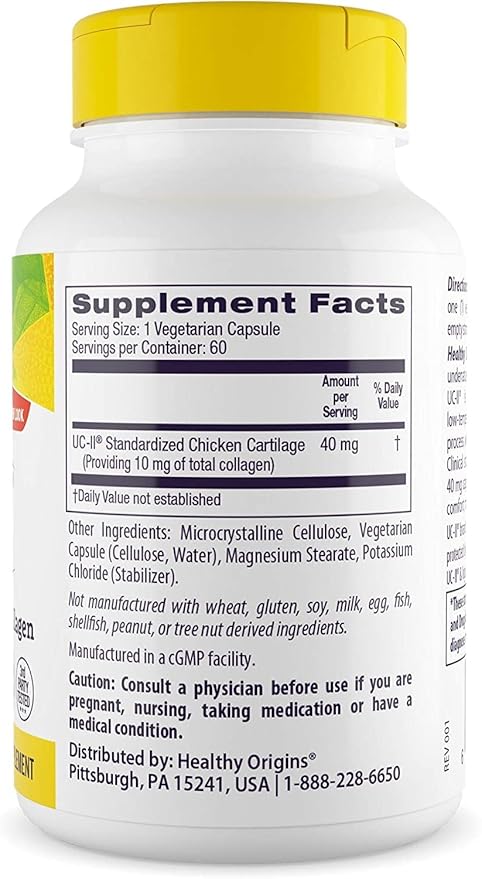 Healthy Origins UC-II, 40 mg - Premium Collagen Supplement for Joint Health, Mobility & Flexibility - Undenatured Type II Collagen - Gluten-Free & Non-GMO Supplement - 60 Veggie Caps