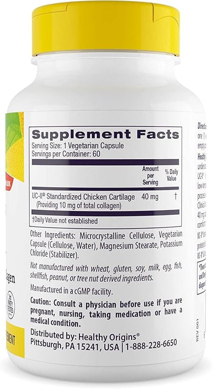 Healthy Origins UC-II, 40 mg - Premium Collagen Supplement for Joint Health, Mobility & Flexibility - Undenatured Type II Collagen - Gluten-Free & Non-GMO Supplement - 60 Veggie Caps