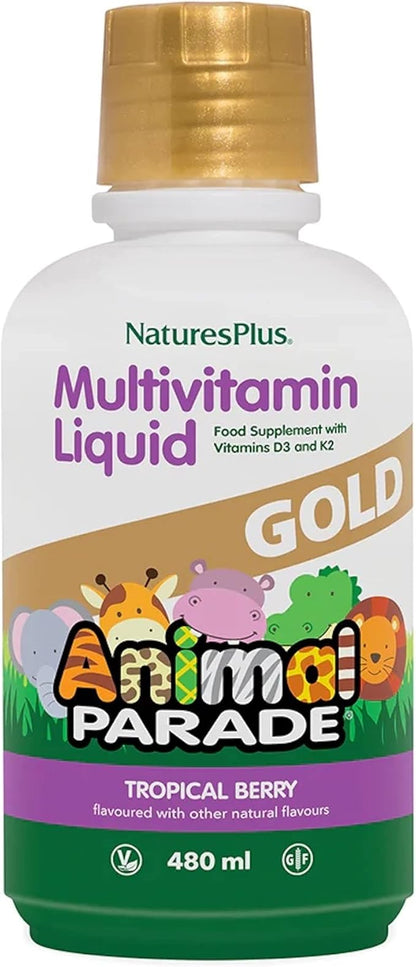 Natures Plus Animal Parade Gold Children's Liquid Multivitamin, 16 fl oz - Natural Tropical Berry Flavor - Immune Support Supplement - Gluten Free, Vegan - 32 Servings