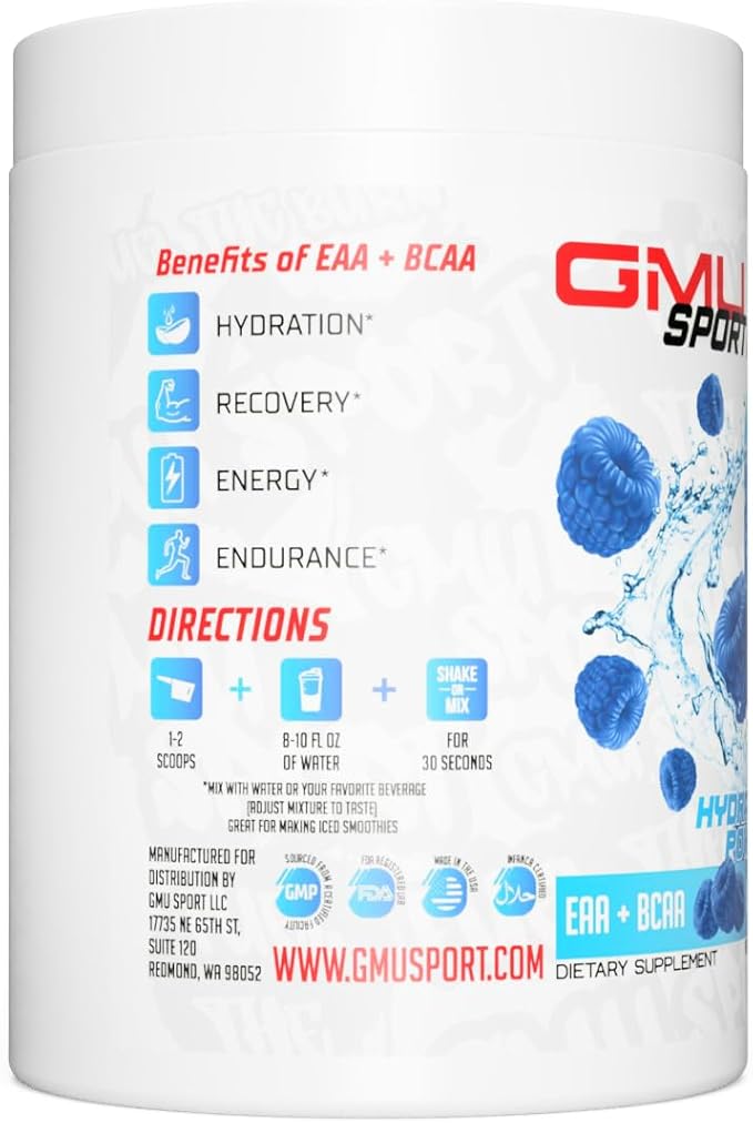 GMU SPORT - BCAA & EAA Hydration & Recovery Powder -Full Essential Amino Acids Profile Hydration Powder for Energy, Fast Recovery & Endurance - 40 Servings, Electrolyte Drink for Athletes (Blue Razz)