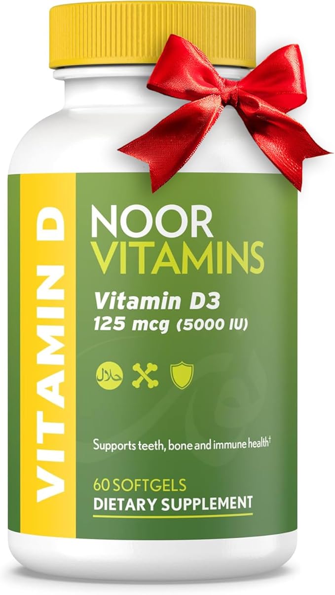 Noor Vitamins Halal Vitamin D, Halal Vitamin D3, 5000 IU Softgels, Supports Bone, Immune & Heart Health, from Safflower Oil to Maximize Absorption, Non-GMO, Gluten Free & Halal (60 Count)…