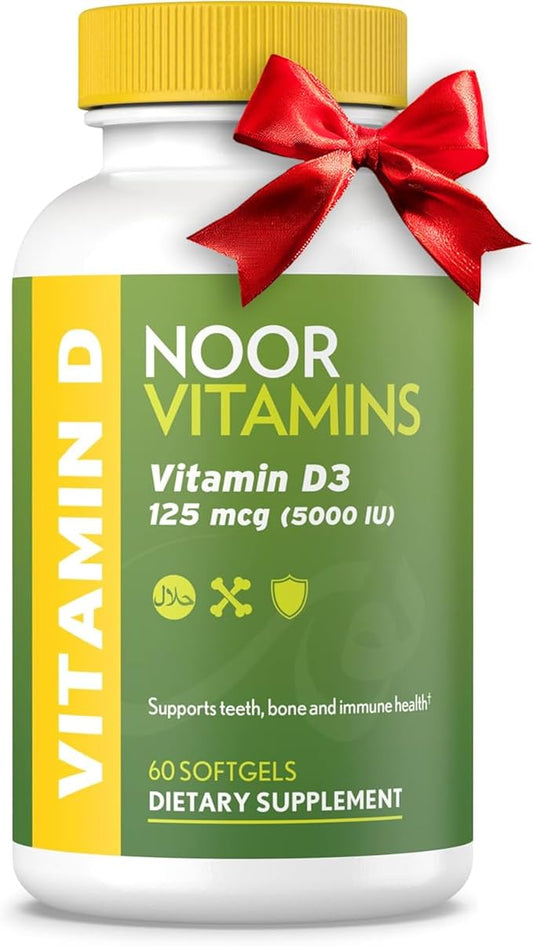 Noor Vitamins Halal Vitamin D, Halal Vitamin D3, 5000 IU Softgels, Supports Bone, Immune & Heart Health, from Safflower Oil to Maximize Absorption, Non-GMO, Gluten Free & Halal (60 Count)…