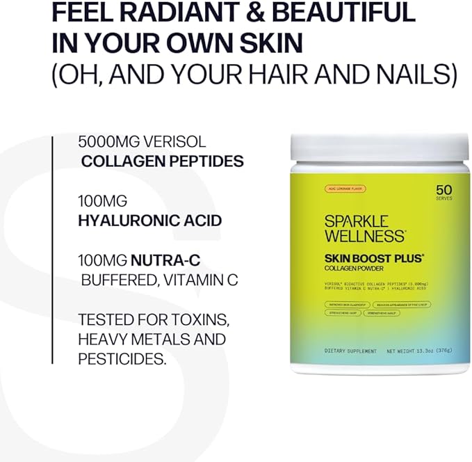 Sparkle Wellness Skin Boost Plus (Acai Lemonade) [50-Serves] | Collagen Powder Supplement with VERISOL Bioactive Hydrolyzed Collagen Peptides, Vitamin C & Hyaluronic Acid to Improve Skin Elasticity
