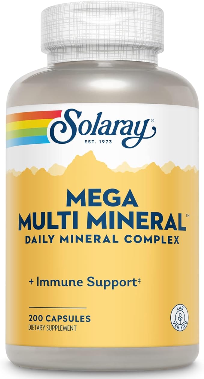 Solaray Mega Multi Mineral, Daily Mineral Complex with Calcium, Iron, Magnesium, Zinc, and More in Highly Absorbable Chelated Forms, Overall Health and Immune Support, 50 Servings, 200 Capsules
