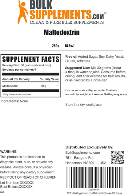 BulkSupplements.com Maltodextrin Powder - Maltodextrin Supplement for Energy Boost, Maltodextrin Food Grade - Unflavored & Gluten Free, 30g per Serving, 250g (8.8 oz) (Pack of 1)