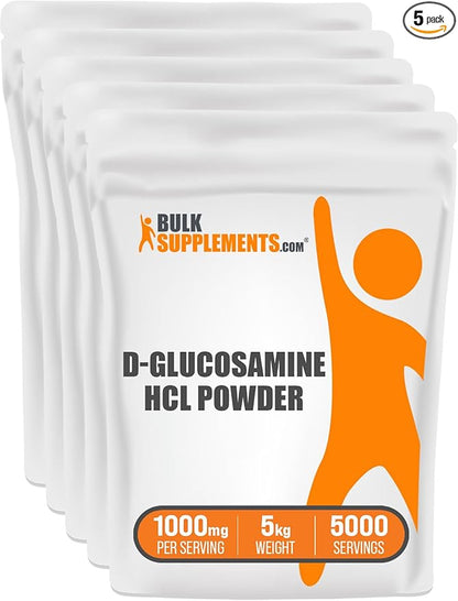 BulkSupplements.com Glucosamine HCl Powder - Glucosamine 1000mg, Glucosamine Supplement, Glucosamine Powder - Gluten Free, 1000mg per Serving, 5kg (11 lbs) (Pack of 5)