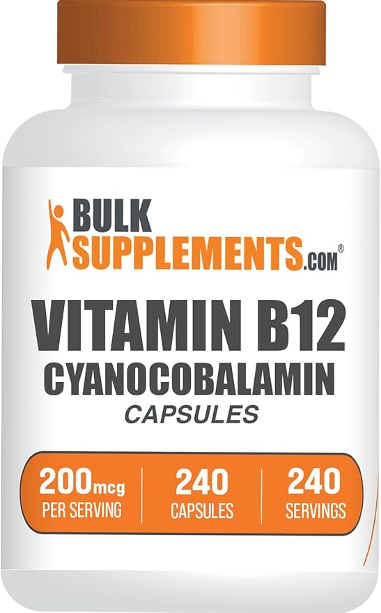 BulkSupplements.com Vitamin B12 Capsules - as Cyanocobalamin, Vitamin B Supplement, Vitamin B12 200 mcg - Energy Vitamins, Gluten Free, 1 Capsule per Serving, 240 Capsules (Pack of 1)