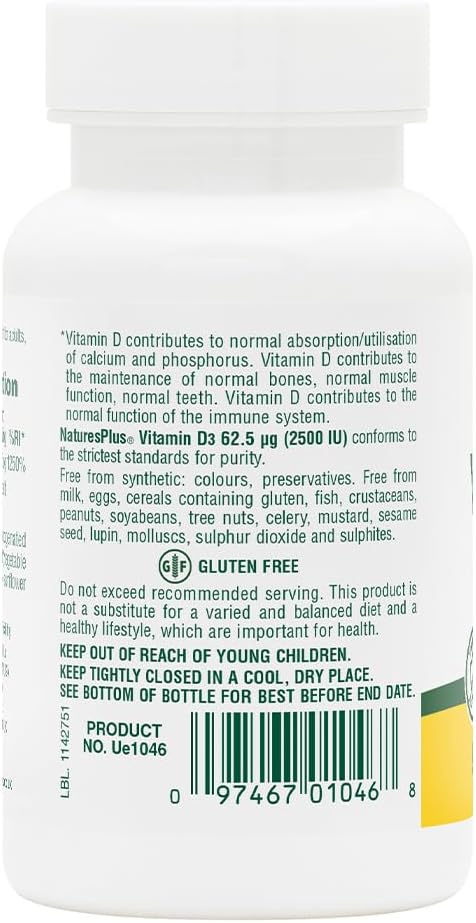 Natures Plus Vitamin D3 (Cholecalciferol) - 2500 iu, 90 Softgels - Bone Health, Heart Health & Immune System Support Supplement, Bioavailable Active Form - Gluten-Free - 90 Servings