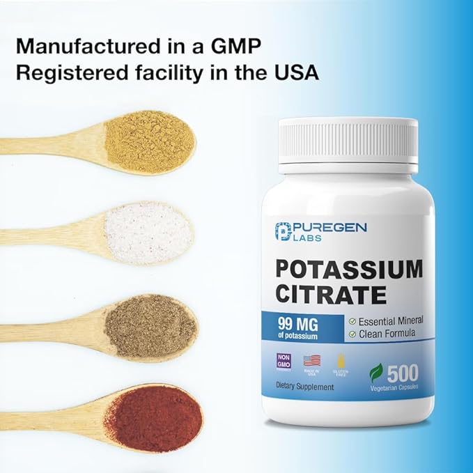 Puregen Labs Potassium Citrate 99 mg of Elemental Potassium Supplement | No Harmful Additives | Non-GMO, Gluten Free | Made in USA - 500 Vegetarian Capsules