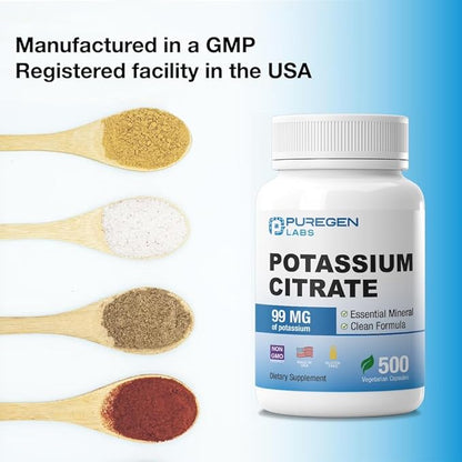 Puregen Labs Potassium Citrate 99 mg of Elemental Potassium Supplement | No Harmful Additives | Non-GMO, Gluten Free | Made in USA - 500 Vegetarian Capsules