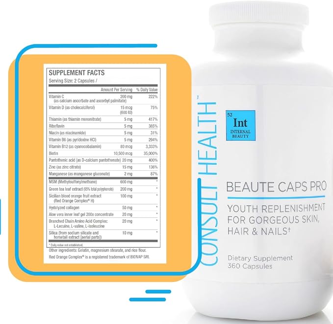 Consult Health Beaute Caps Pro - Collagen Supplement - Biotin 10,500mcg, MSM, Blood Orange for Skin, Hair, Nails Health - Collagen Vitamins - Anti-Aging, USA Made