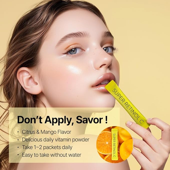 Super Retinol C (Powder, Skincare Supplement) - Vitamin A, C, D, E, Pantothenic Acid, Zinc, L-Cysteine for Skin Radiance and Tone Vegan Authorized AMOREPACIFIC - 30 Packets